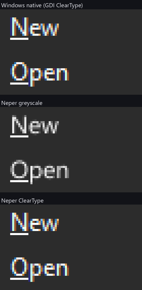 Magnified pixels of the words New and Open from a popup menu, in three rows. Windows native and Neper ClearType both show white letters with orange and blue edges; Neper greyscale shows the same words in smooth grey shades.